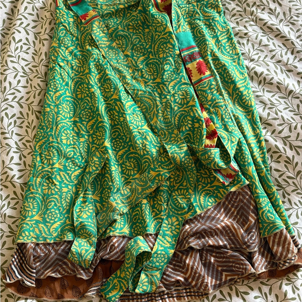 Green and Brown Asymmetrical Wrap Midi Skirt